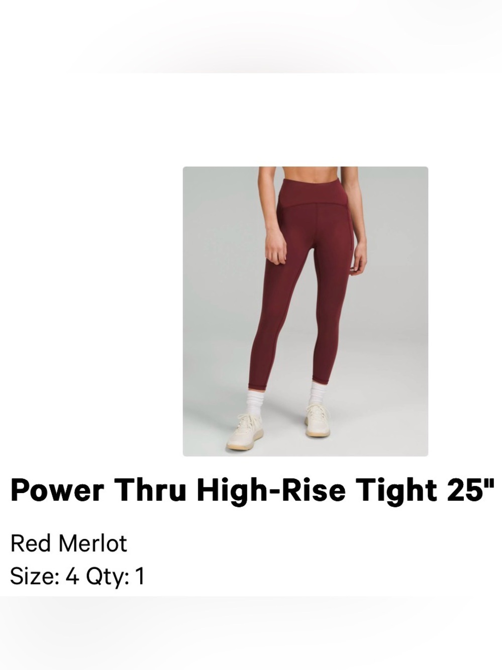 Lululemon Power Thru High-Rise Tight 25"	
Red Merlot	
Size: 4